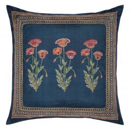 Poppy Embroidered Silk Pillow Cover - Charcoal/Pink